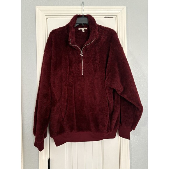 Express Quarter Zip Pullover Sweater Womens Medium Sherpa Fleece Maroon Fluffy - Picture 1 of 6